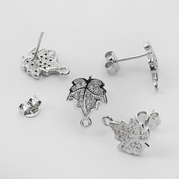 Srebrne bazy kolczyków listki z cyrkoniami z podwieszeniem AG925 rodowane 13mm