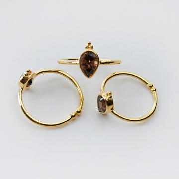 Srebrny pierścionek regulowany z kryształem górskim dymnym łezka AG925 pozłacany 20mm