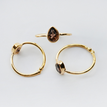 Srebrny pierścionek regulowany z kryształem górskim dymnym łezka AG925 pozłacany 20mm