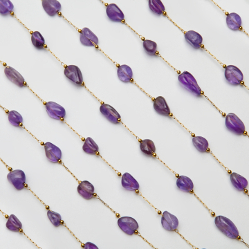 Łańcuch z ametystem ze stali chirurgicznej w kolorze złotym 13x4mm