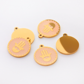 Zawieszka emaliowana kółko ze stali chirurgicznej w kolorze złotym ręka fatimy brzoskwiniowa 13mm