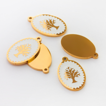 Zawieszka emaliowana owal ze stali chirurgicznej w kolorze złotym drzewo rodziny białe 17,7mm