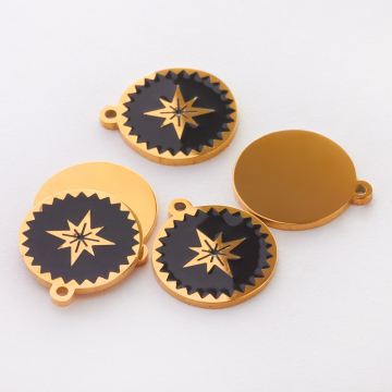 Zawieszka emaliowana kółko ze stali chirurgicznej róża wiatrów czarna w kolorze złotym 13mm