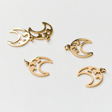 Zawieszka ze stali chirurgicznej księżyc z króliczkami w kolorze złotym 13,5mm