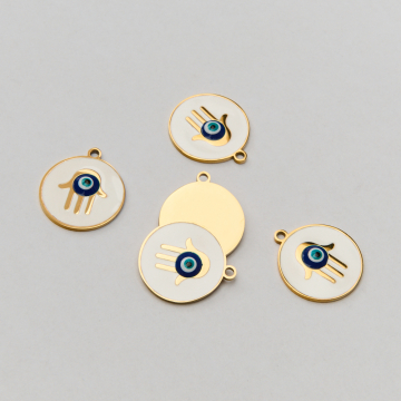 Emaliowana zawieszka ze stali chirurgicznej ręka Fatimy w stylu greckim z okiem proroka w kolorze złotym 18mm PVD