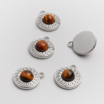 Zawieszka ze stali chirurgicznej kółko greckie z tygrysim okiem w kolorze srebrnym 19mm