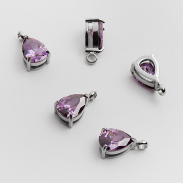Zawieszka ze stali chirurgicznej łezka z cyrkonią fioletową w kolorze srebrnym 16,5mm