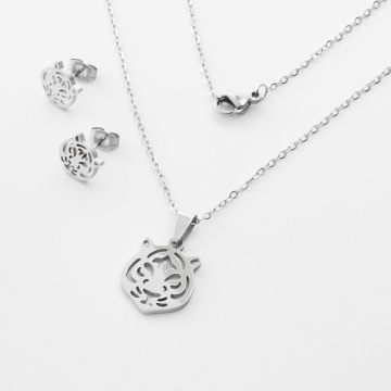 Komplet biżuterii ze stali chirurgicznej z kolczykami głowa tygrysa w kolorze srebrnym 45cm