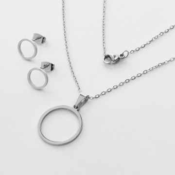 Komplet biżuterii ze stali chirurgicznej z kolczykami koło wycięte w kolorze srebrnym 45cm