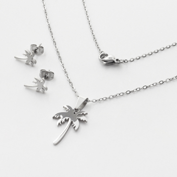 Komplet biżuterii ze stali chirurgicznej z kolczykami palma w kolorze srebrnym 45cm