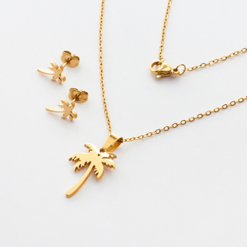 Komplet biżuterii ze stali chirurgicznej z kolczykami palma w kolorze złotym 45cm