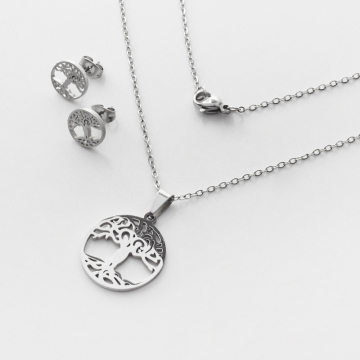 Komplet biżuterii ze stali chirurgicznej z kolczykami drzewo rodziny w kolorze srebrnym 45cm