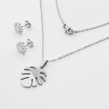 Komplet biżuterii ze stali chirurgicznej liść monstery w kolorze srebrnym 45cm