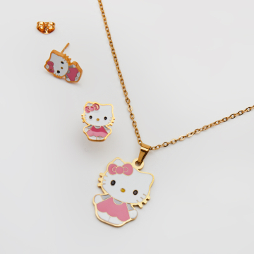 Zestaw dziecięcy naszyjnik z kolczykami ze stali chirurgicznej Hello Kitty w kolorze złotym 45cm