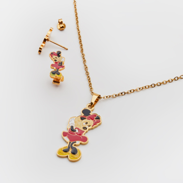 Zestaw dziecięcy naszyjnik z kolczykami ze stali chirurgicznej Myszka Minnie w kolorze złotym 45cm
