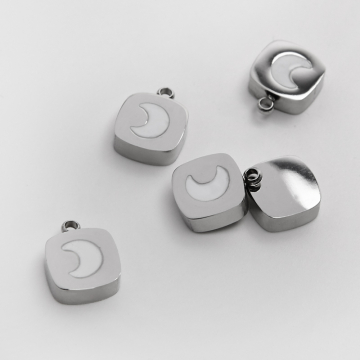 Emaliowana zawieszka ze stali chirurgicznej białym księżycem w kolorze srebrnym 11mm