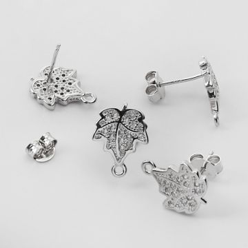 Srebrne bazy kolczyków listki z cyrkoniami z podwieszeniem AG925 rodowane 13mm