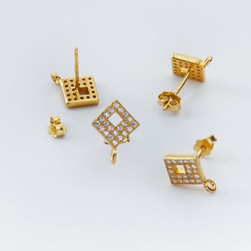 Srebrne bazy kolczyków kwadraty z cyrkoniami z podwieszeniem AG925 pozłacane 12,5mm