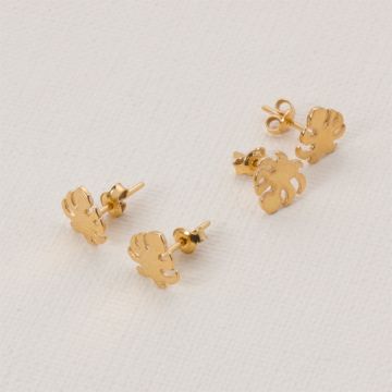 Kolczyki liść monstery z barankami pozłacane 10 mm