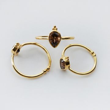 Srebrny pierścionek regulowany z kryształem górskim dymnym łezka AG925 pozłacany 20mm