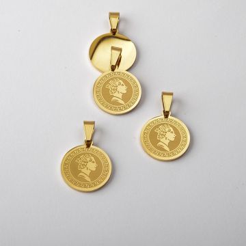 Zawieszka ze stali chirurgicznej moneta w kolorze złotym 15mm