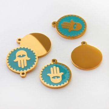 Zawieszka emaliowana kółko ze stali chirurgicznej w kolorze złotym ręka fatimy turkusowa 13mm