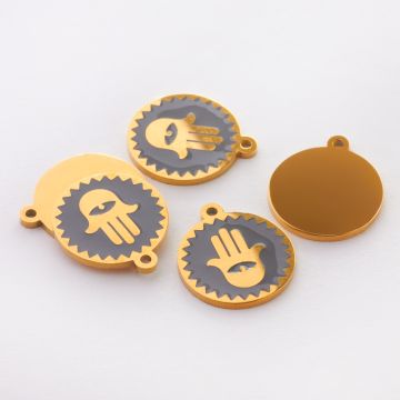 Zawieszka emaliowana kółko ze stali chirurgicznej w kolorze złotym ręka fatimy szara 13mm