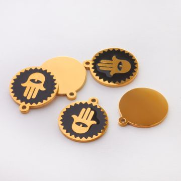 Zawieszka emaliowana kółko ze stali chirurgicznej w kolorze złotym ręka fatimy czarna 13mm