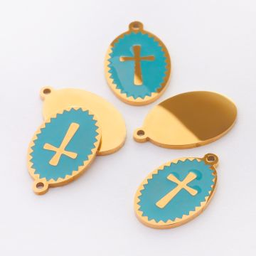 Zawieszka emaliowana owal ze stali chirurgicznej w kolorze złotym krzyż turkusowy 17,7mm