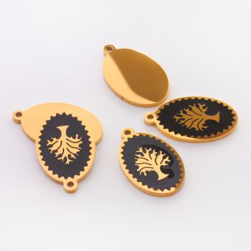 Zawieszka emaliowana owal ze stali chirurgicznej w kolorze złotym drzewo rodziny czarne 17,7mm