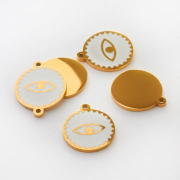 Zawieszka emaliowana kółko ze stali chirurgicznej w kolorze złotym oczko białe 13mm