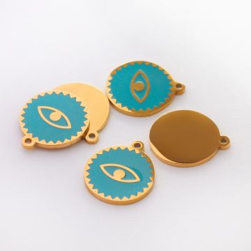 Zawieszka emaliowana kółko ze stali chirurgicznej w kolorze złotym oczko turkusowe 13mm