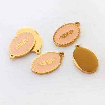 Zawieszka emaliowana owal ze stali chirurgicznej w kolorze złotym piórko brzoskwiniowe 17,7mm