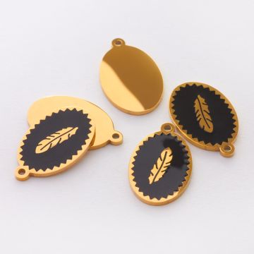 Zawieszka emaliowana owal ze stali chirurgicznej w kolorze złotym piórko czarne 17,7mm