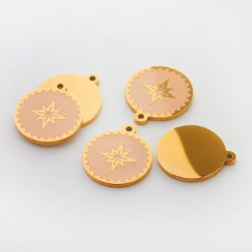 Zawieszka emaliowana kółko ze stali chirurgicznej w kolorze złotym róża wiatrów brzoskwiniowa 13mm