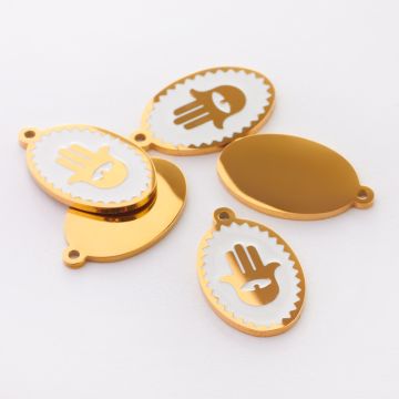Zawieszka emaliowana owal ze stali chirurgicznej w kolorze złotym ręka fatimy biała 17,7mm