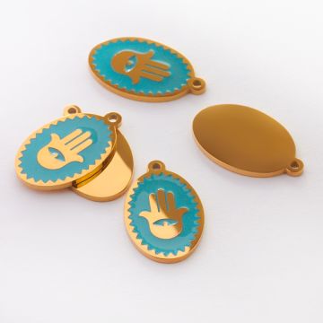 Zawieszka emaliowana owal ze stali chirurgicznej w kolorze złotym ręka fatimy turkusowa 17,7mm