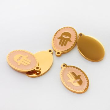 Zawieszka emaliowana owal ze stali chirurgicznej w kolorze złotym ręka fatimy brzoskwiniowa 17,7mm
