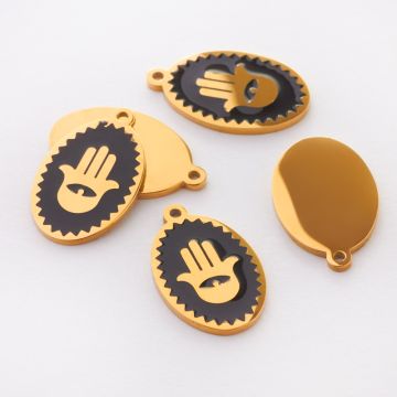 Zawieszka emaliowana owal ze stali chirurgicznej w kolorze złotym ręka fatimy czarna 17,7mm