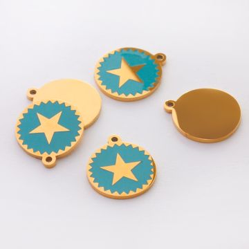 Zawieszka emaliowana kółko ze stali chirurgicznej w kolorze złotym gwiazdka turkusowa 13mm