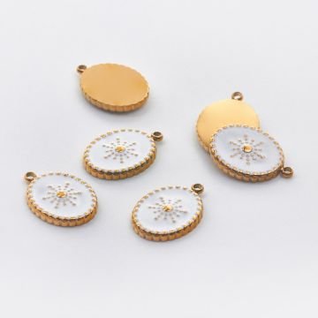 Zawieszka ze stali chirurgicznej owal z białą emalią w kolorze złotym 18mm