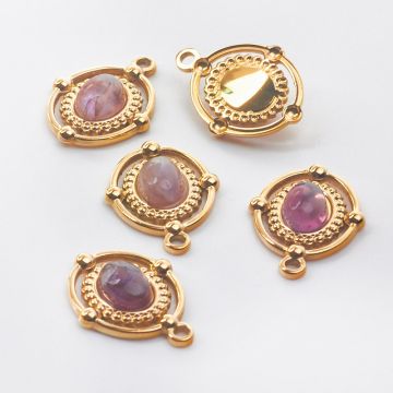 Zawieszka ze stali chirurgicznej owal z ametystem w kolorze złotym 21,5mm