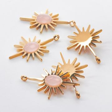 Zawieszka ze stali chirurgicznej słońce z różowym kryształem górskim w kolorze złotym 30mm