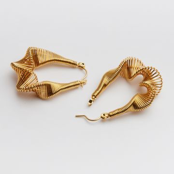 Kolczyki ze stali chirurgicznej falbanki z drucików w kolorze złotym 37mm PVD