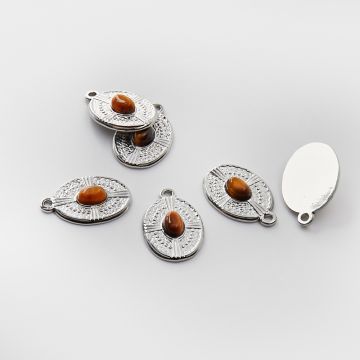 Zawieszka ze stali chirurgicznej owal z tygrysim okiem w kolorze srebrnym 21mm