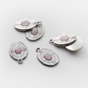 Zawieszka ze stali chirurgicznej owal z różowym kryształem górskim w kolorze srebrnym 21mm