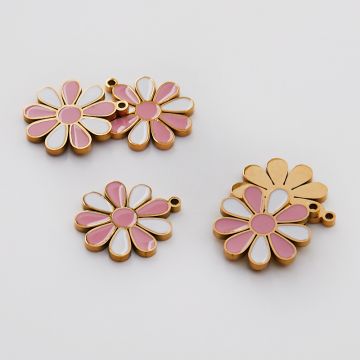 Zawieszka ze stali chirurgicznej emaliowana kwiatek biało różowy w kolorze złotym 16,5mm PVD
