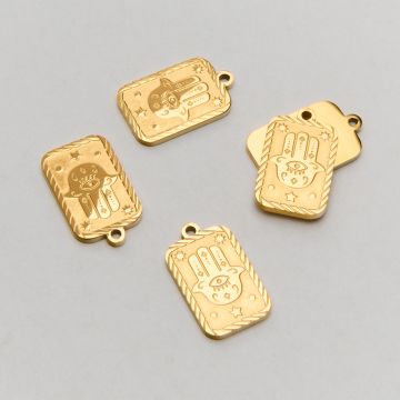 Zawieszka ze stali chirurgicznej ręka Fatimy w prostokącie w kolorze złotym 17mm PVD