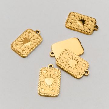 Zawieszka ze stali chirurgicznej prostokąt z sercem w kolorze złotym 17mm PVD