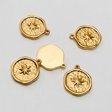 Zawieszka ze stali chirurgicznej róża wiatrów w kółku w kolorze złotym 17mm PVD